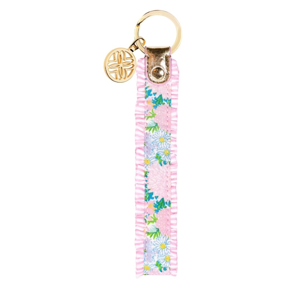 Lilly Pulitzer Pink Floral Strap Keychain with Gold Charm and Ruffle Edge - New